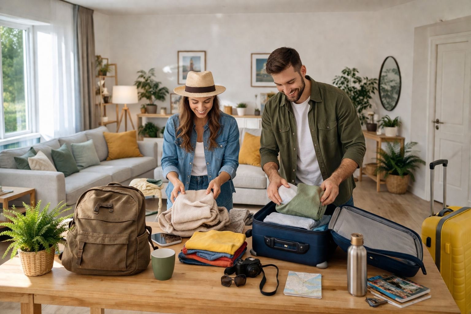 Deux personnes qui préparent un départ en week-end ou vacance