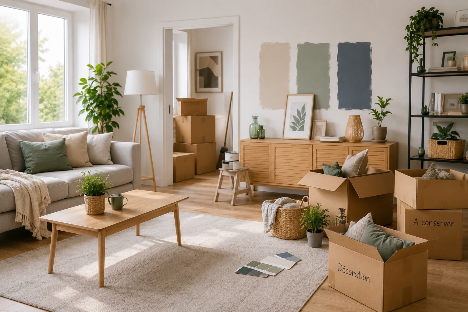 Salon lumineux et moderne en cours de réaménagement, avec des cartons de rangement, des éléments de décoration et des échantillons de couleurs, illustrant un projet de renouvellement intérieur.
