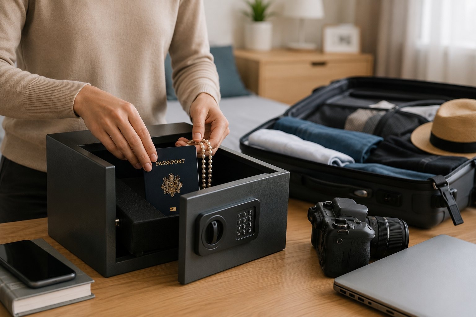 Personne rangeant un passeport, des bijoux et des objets de valeur dans un coffre sécurisé avant un départ en vacances, avec une valise ouverte en arrière-plan.