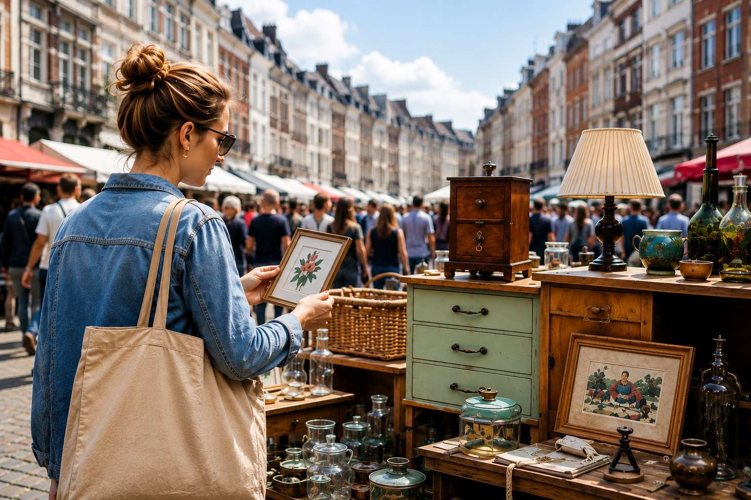 Femme chinant un cadre ancien parmi des meubles et objets vintage lors d’un grand marché aux puces à Lille.