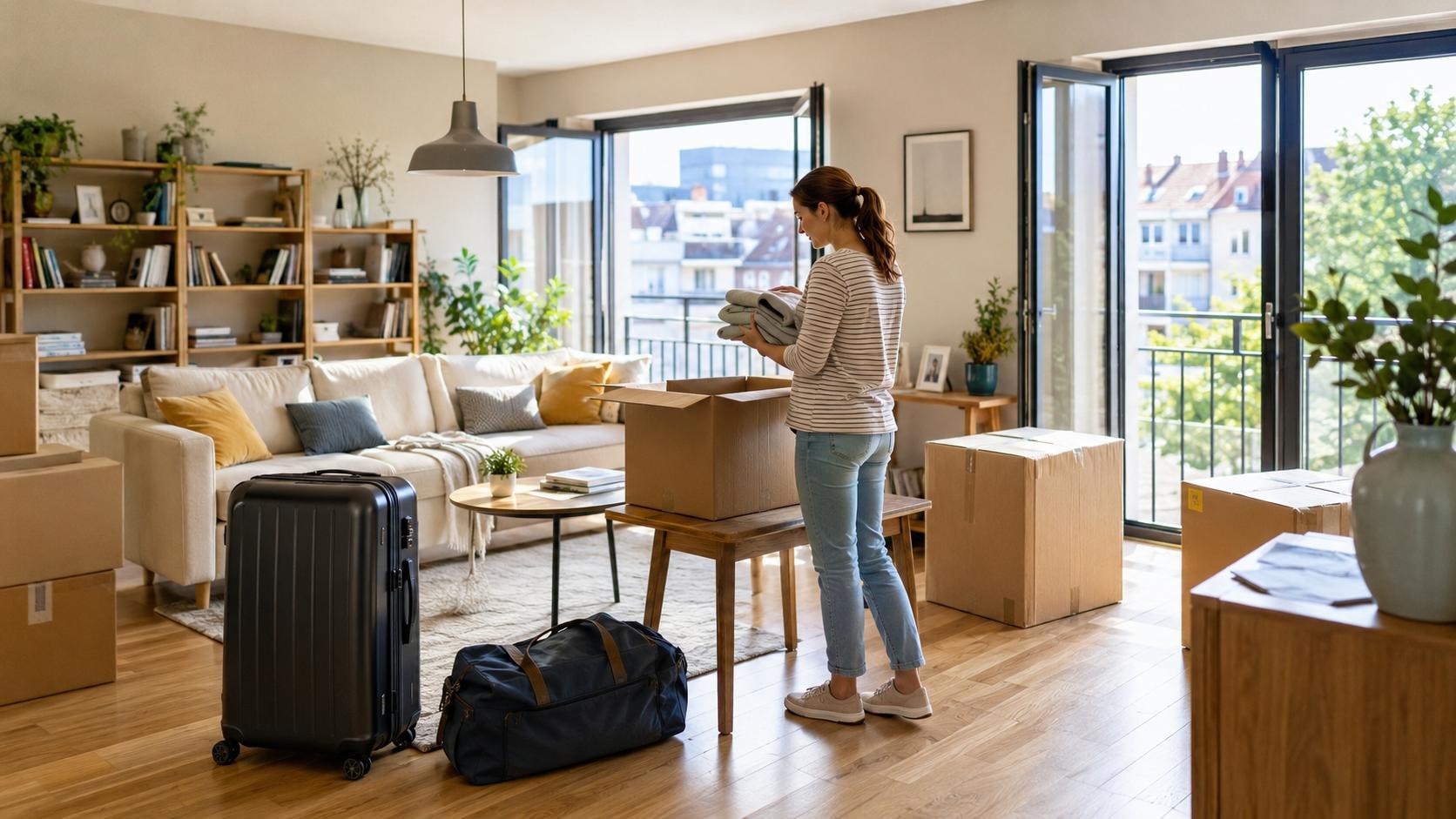 Cette image illustre la préparation d'un logement avant une mise en location saisonnière. Les effets personnels sont soigneusement rangés afin de laisser un intérieur accueillant, tout en protégeant les objets de valeur grâce à une solution de stockage sécurisée.