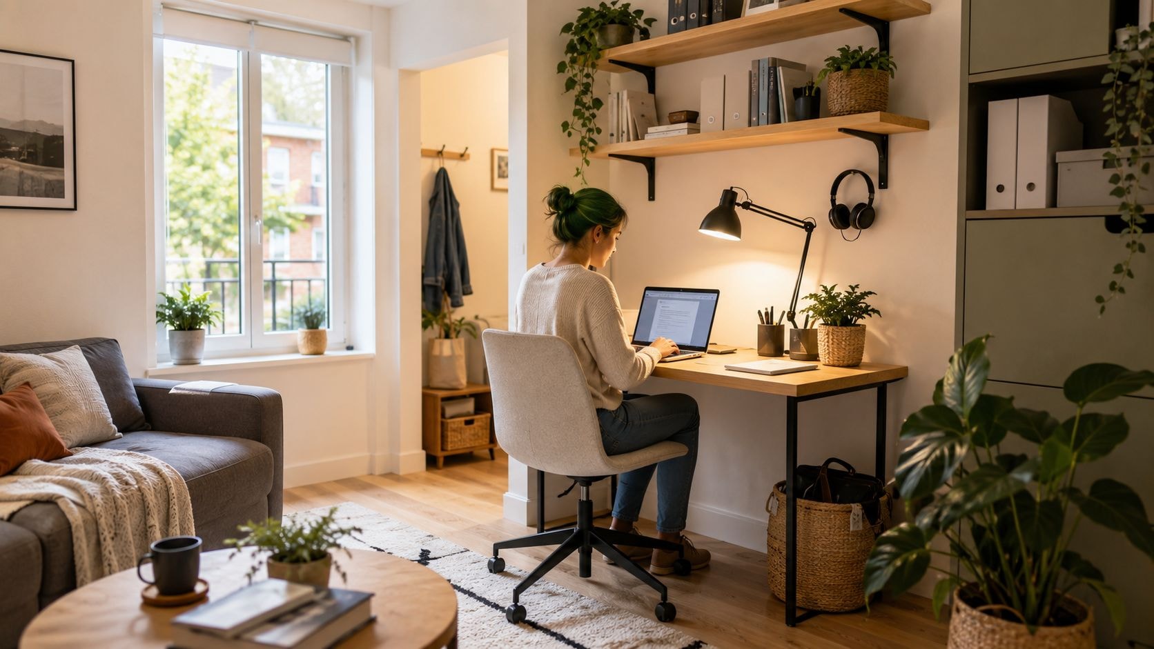 Espace de télétravail aménagé dans un petit salon avec bureau fonctionnel et rangements optimisés.
