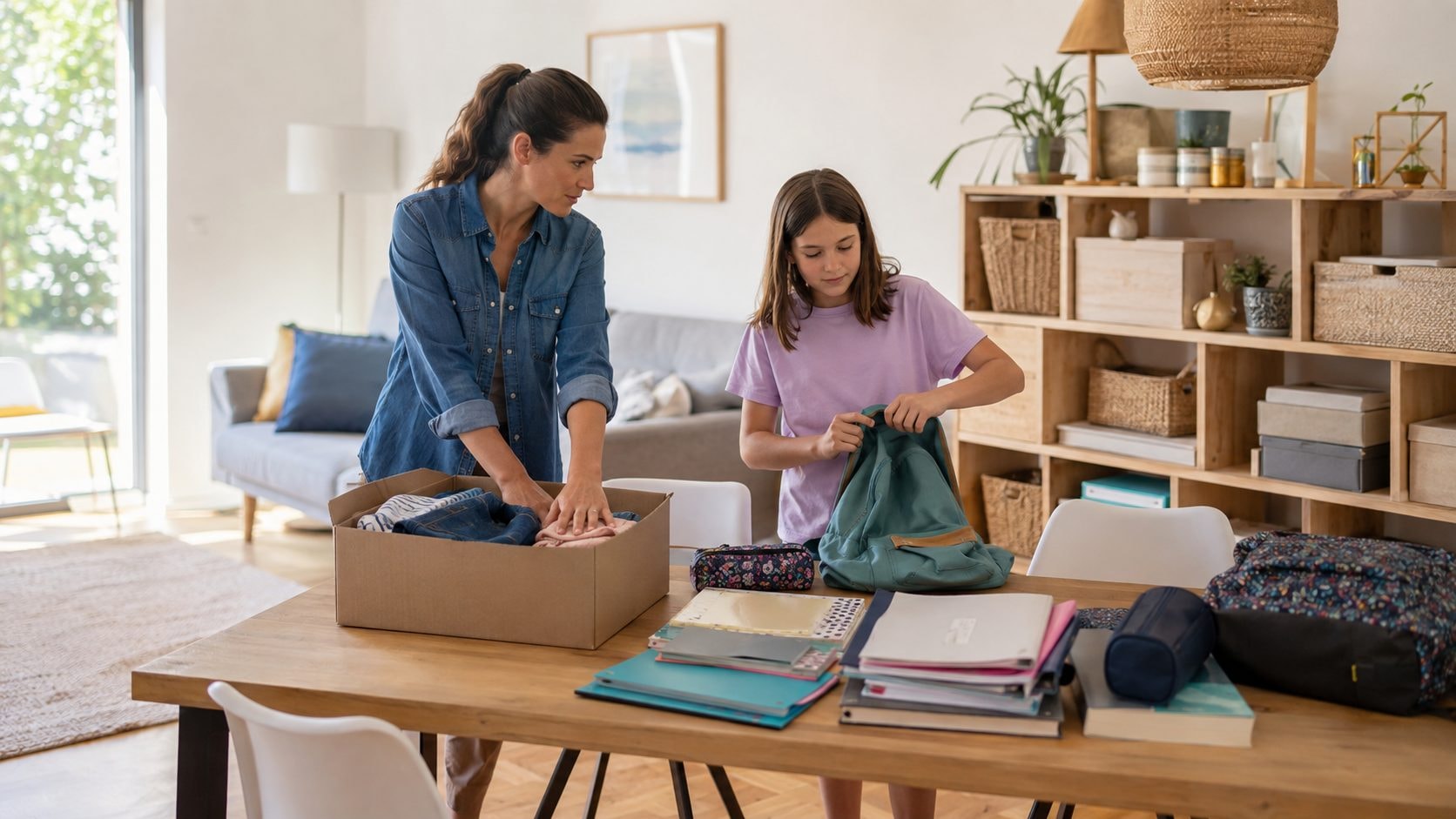 Mère et fille préparant la rentrée scolaire en rangeant vêtements, cartables et fournitures dans une maison bien organisée.