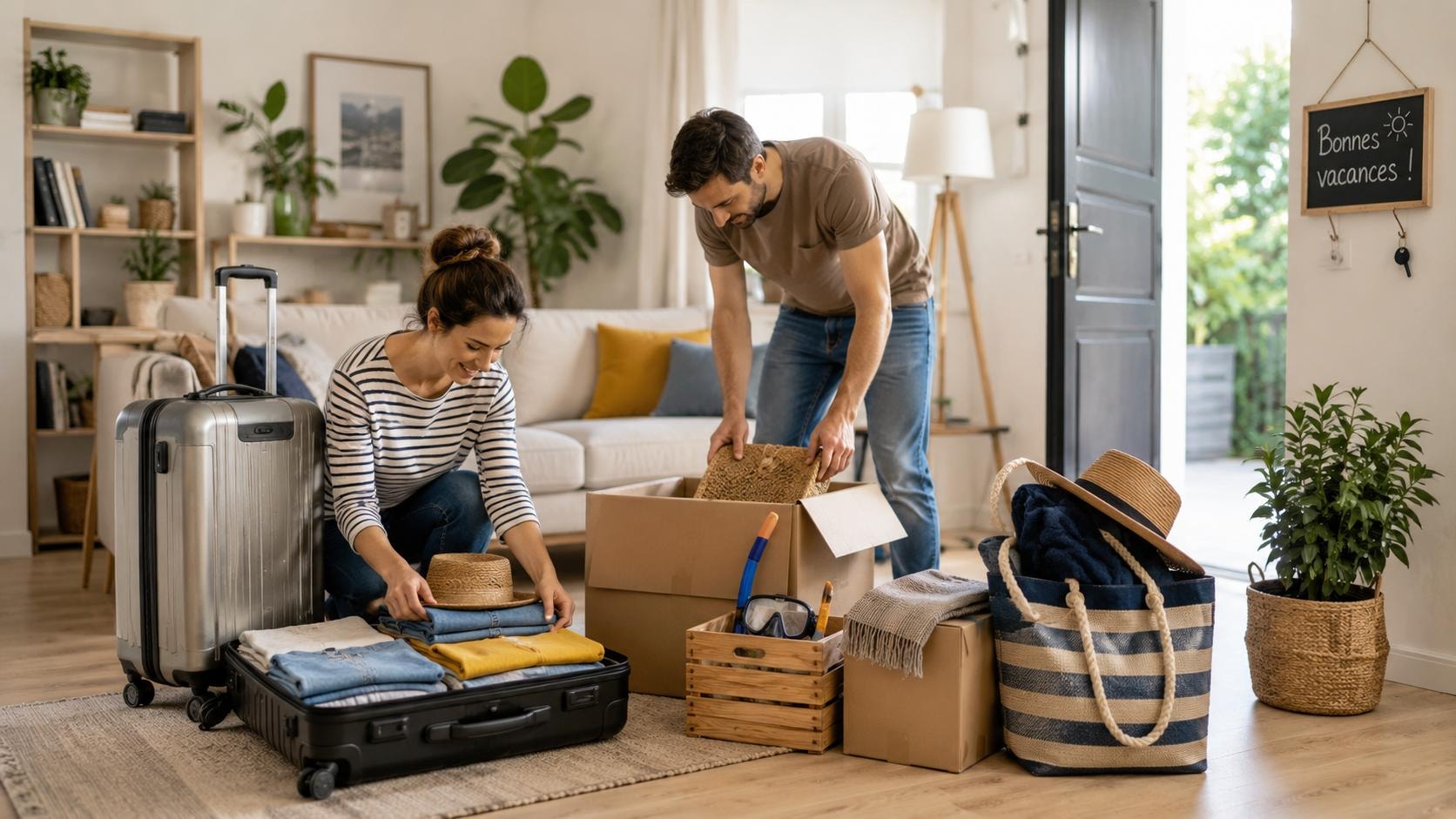 Couple préparant son départ en vacances en rangeant valises, cartons et affaires saisonnières dans leur maison.