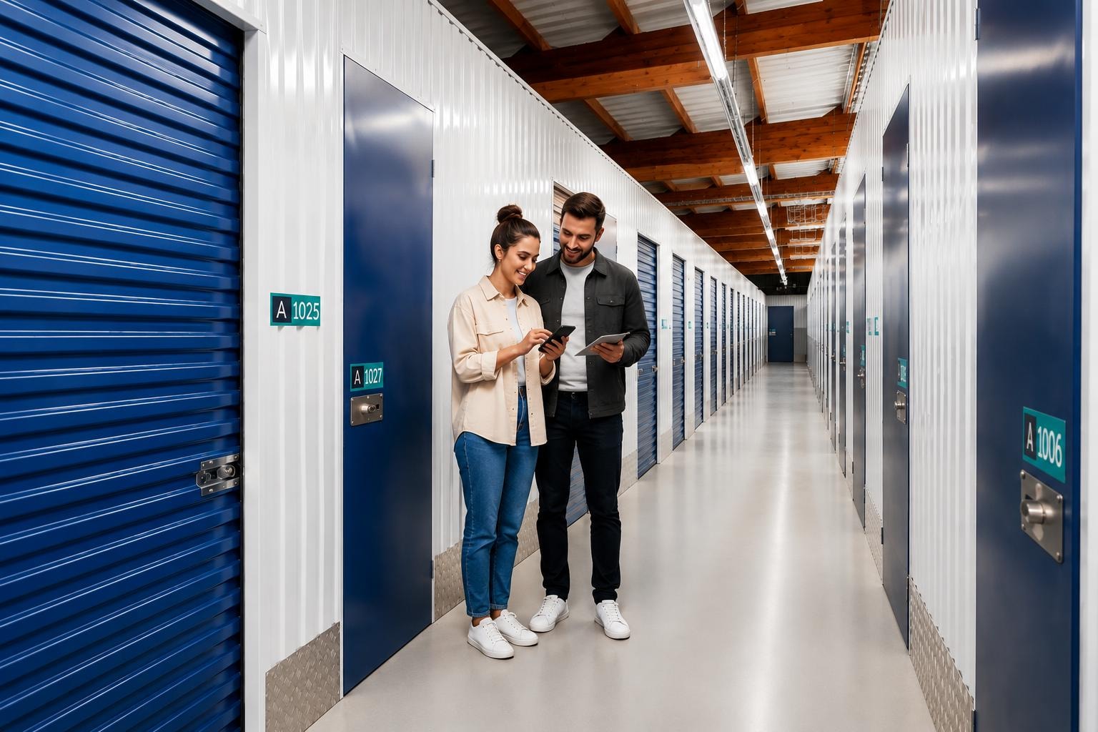 Clients découvrant un centre de self-stockage sécurisé avant de choisir leur box de stockage.