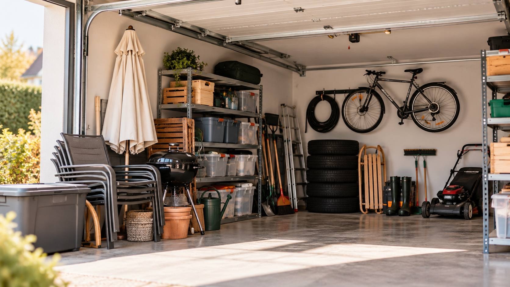 Garage bien rangé avec des étagères, des cartons de rangement, un vélo et du matériel de jardin stocké pour l’hiver.