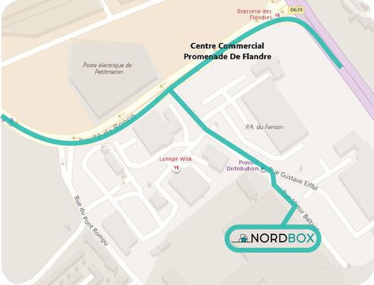 Carte représentant la localisation de l'entreprise Nordbox spécialisée dans la location de box de stockage à Tourcoing près de la Promenade de Flandre et de Lille